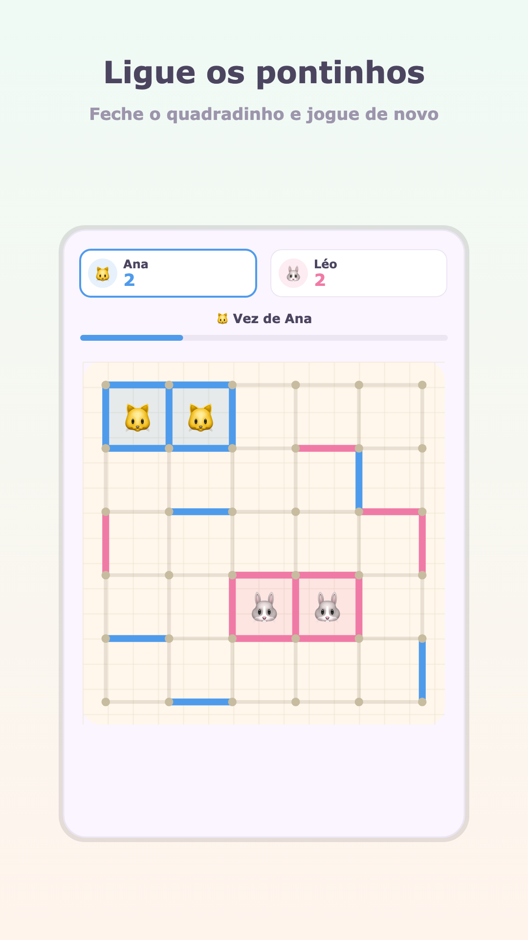 Tabuleiro do jogo dos pontinhos com risquinhos coloridos e quadradinhos marcados com bichinhos
